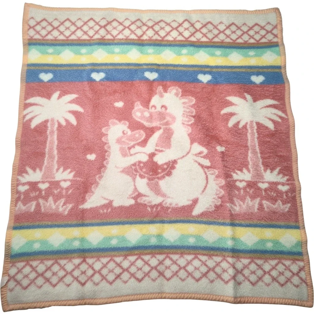 VTG Baby Mink Pink Dragon Dinosaur Soft Acrylic Blanket‎ Mommy Heart Palm Tree - Picture 2 of 5